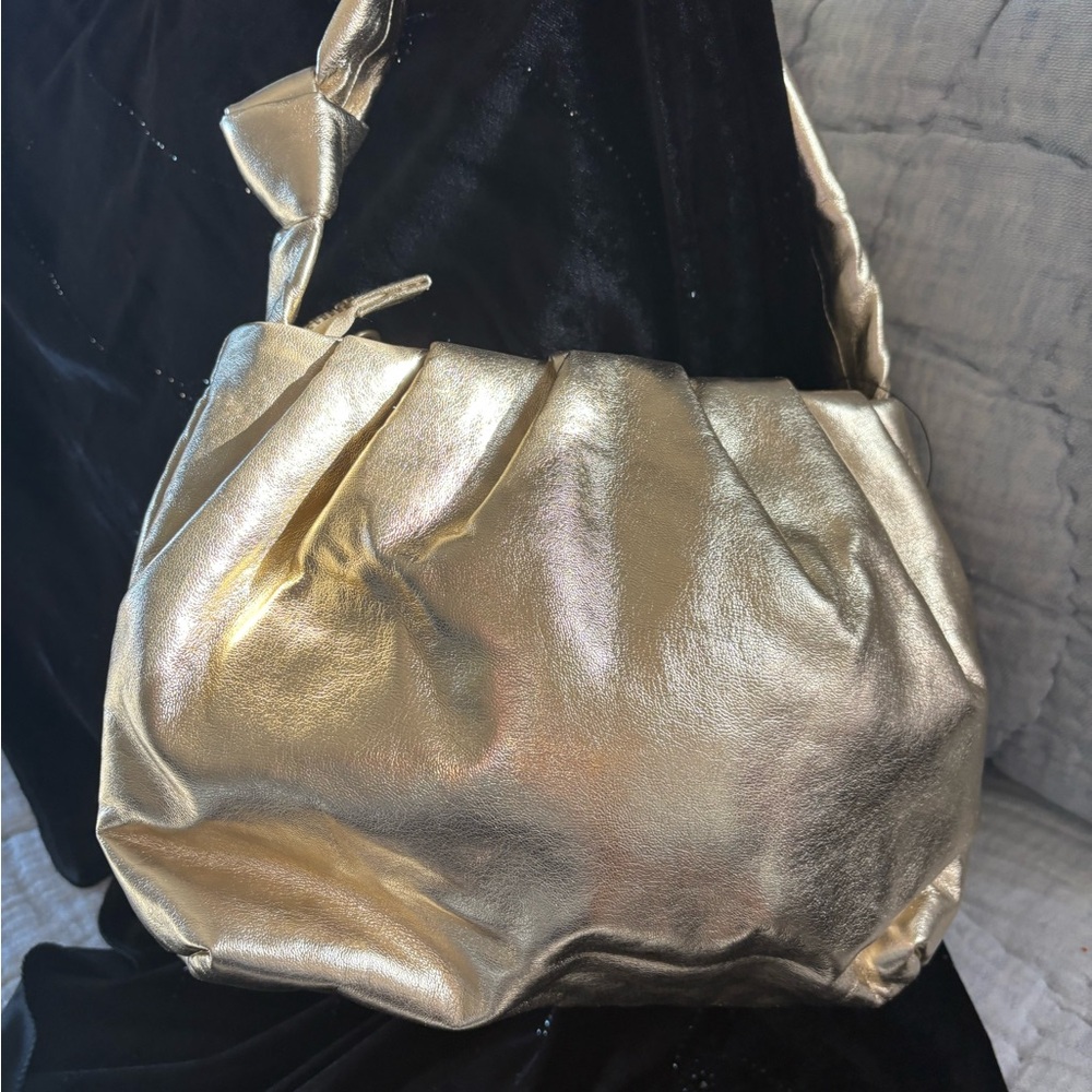 Free People Viva La Vegan Hand Bag Gold Metallic Slouchy Clutch Shoulder Bag